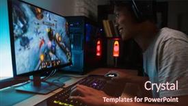  Presentation with computer room - Cool new PPT theme with digital key - portrait of smiling asian gamer backdrop and a wine colored foreground