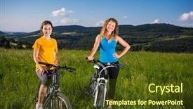  Presentation with biking - Colorful presentation theme enhanced with 16 25 - two young women biking backdrop and a tawny brown colored foreground
