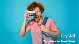  Presentation with curly hair - Presentation theme with 18 - photo of excited traveler man background and a teal colored foreground