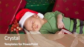  Presentation with old days - PPT theme featuring 18 days old baby sleeping with christmas presents background and a coral colored foreground
