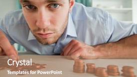  Presentation with change - Beautiful PPT theme featuring 18 treasures - young businessman counting his change backdrop and a coral colored foreground