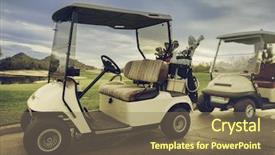  Presentation with golf - Amazing PPT theme having 18th hole golf carts backdrop and a violet colored foreground