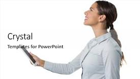  Presentation with executive summary - PPT layouts consisting of 19 years - smiling female executive using digital background and a white colored foreground