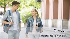  Presentation with college campus - Amazing theme having 19 years - young college friends talking while backdrop and a  colored foreground