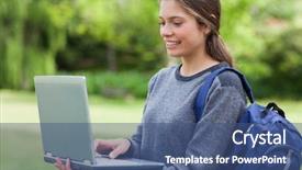  Presentation with young business woman smile show - Amazing slide set having image of happy family running backdrop and a  colored foreground.