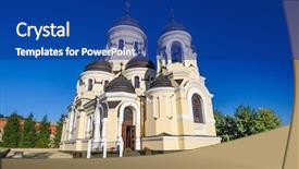  Presentation with orthodox - Beautiful PPT theme featuring 1903 capriana orthodox christian monastery backdrop and a ocean colored foreground