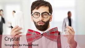  Presentation with young man wearing a hat - PPT theme enhanced with 1980 - surprised man wearing suspenders background and a coral colored foreground