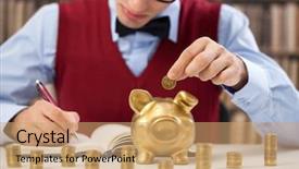  Presentation with accountant - Amazing slide set having young accountant male counting money and putting in piggy bank backdrop and a coral colored foreground
