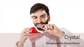  Presentation with heart - Presentation theme having 1940 camera - determined man wearing suspenders cutting background and a soft green colored foreground