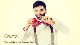  Presentation with heart - Cool new PPT theme with 1940 camera - determined man wearing suspenders cutting backdrop and a cream colored foreground