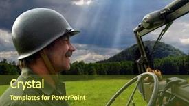  Presentation with jeep - Beautiful PPT layouts featuring 1940s - man in helmet driving military backdrop and a tawny brown colored foreground