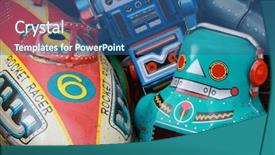  Presentation with vintage retro - Slides enhanced with retro toys in a box background and a ocean colored foreground