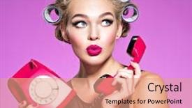  Presentation with 1950s - Theme with 1950s fashion - young attractive woman surprised background and a coral colored foreground