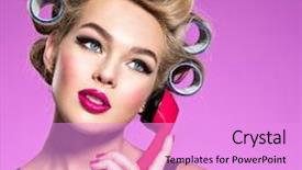  Presentation with beautiful young girl red - Amazing PPT layouts having 1950s fashion - young beautiful woman talking backdrop and a lilac colored foreground