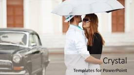  Presentation with 1950s - Presentation theme with 1950s fashion - young couple with umbrella background and a light gray colored foreground
