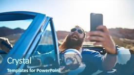  Presentation with vintage car - Beautiful presentation theme featuring 1960s - happy guy with beard laughing backdrop and a ocean colored foreground