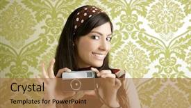  Presentation with shooting - Presentation enhanced with 1960s - retro photo camera shooting woman background and a coral colored foreground