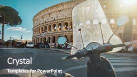  Presentation with time travel - PPT theme enhanced with 1960s - retro scooter stay near background and a dark gray colored foreground