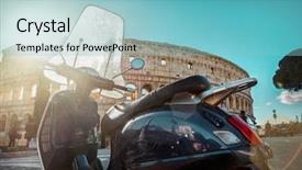  Presentation with rome italy - Theme having 1960s - retro scooter stay near background and a light blue colored foreground