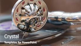  Presentation with record player - PPT layouts having 1980 - metal needle of retro record background and a tawny brown colored foreground