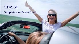  Presentation with car racing - Slides with 2 cars racing - close up happy young woman background and a sky blue colored foreground