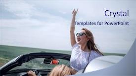  Presentation with close up of young girls - Slide deck consisting of 2 cars racing - close up happy young woman background and a  colored foreground