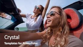  Presentation with women driving - PPT theme consisting of 2 cars racing - close up happy young women background and a tawny brown colored foreground