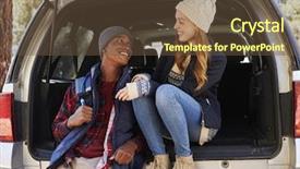  Presentation with race car - PPT theme featuring 2 cars racing - mixed race couple in open background and a tawny brown colored foreground