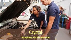  Presentation with car engine - Audience pleasing PPT theme consisting of 2 cars racing - two apprentice mechanics looking backdrop and a tawny brown colored foreground