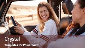  Presentation with german shepherd two young puppys - Slide deck with 2 cars racing - two young female friends driving background and a tawny brown colored foreground