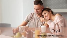  Presentation with movie theater loving couple - Theme enhanced with 2 cups coffee - happy loving couple having breakfast background and a coral colored foreground