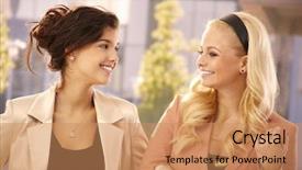  Presentation with happy sad adoption custody - Beautiful slide deck featuring 2 friends talking - pretty businesswomen hugging smiling happy backdrop and a coral colored foreground