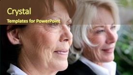  Presentation with together - Presentation theme enhanced with 2 friends talking - two mature businesswomen posing together background and a tawny brown colored foreground