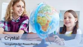  Presentation with classmates - Colorful theme enhanced with 2 globes - two classmates looking at globe backdrop and a light blue colored foreground