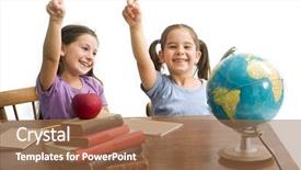  Presentation with red globe - Presentation having 2 globes - two girls pupels pointing background and a tawny brown colored foreground