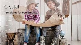  Presentation with old map - Theme having 2 globes - two little tourists study map background and a mint green colored foreground