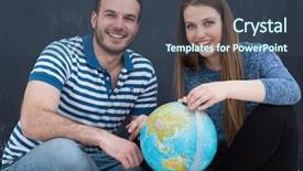  Presentation with clothing - Colorful presentation theme enhanced with 2 globes - young lovely couple in casual backdrop and a  colored foreground