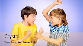  Presentation with tv show studio camera - Colorful PPT layouts enhanced with 2 opinions - two boys quarreled studio shot backdrop and a  colored foreground