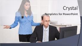  Presentation with bullying - Presentation design consisting of 2 opinions - two businesspeople in the office background and a white colored foreground