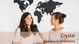  Presentation with world map - Audience pleasing theme consisting of 2 opinions - two girls reporters twins are backdrop and a coral colored foreground