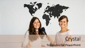  Presentation with world map - Beautiful theme featuring 2 opinions - two girls reporters twins are backdrop and a coral colored foreground