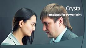  Presentation with two people talking - Audience pleasing slide set consisting of 2 opinions - two young business people talking backdrop and a  colored foreground