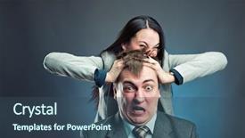  Presentation with two people talking - Slide deck with 2 opinions - two young business people talking background and a  colored foreground