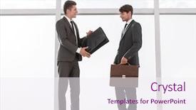  Presentation with office - Cool new slides with 2 people dialogue - business colleagues standing near backdrop and a sky blue colored foreground