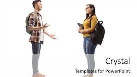  Presentation with people talking - PPT layouts with 2 people dialogue - full length profile shot background and a white colored foreground