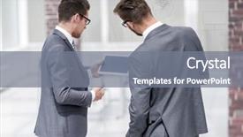  Presentation with digital technology and urbanization - Presentation theme having 2 people dialogue - two businessmen reading a message background and a  colored foreground