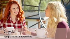  Presentation with coffee talk - Colorful PPT theme enhanced with 2 people dialogue - two friends talk and drink backdrop and a  colored foreground