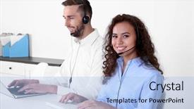  Presentation with technical support - Colorful presentation design enhanced with 2 people dialogue - two technical support dispatchers working backdrop and a  colored foreground