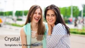  Presentation with two people talking - Amazing slide deck having 2 people dialogue - two young women talking backdrop and a coral colored foreground