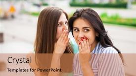  Presentation with two people talking - Amazing PPT theme having 2 people dialogue - two young women talking backdrop and a coral colored foreground